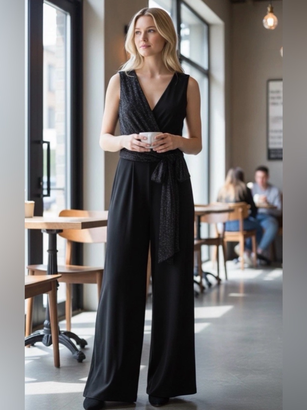 Gabby Skye Black Sleeveless Wrap Jumpsuit Metallic
